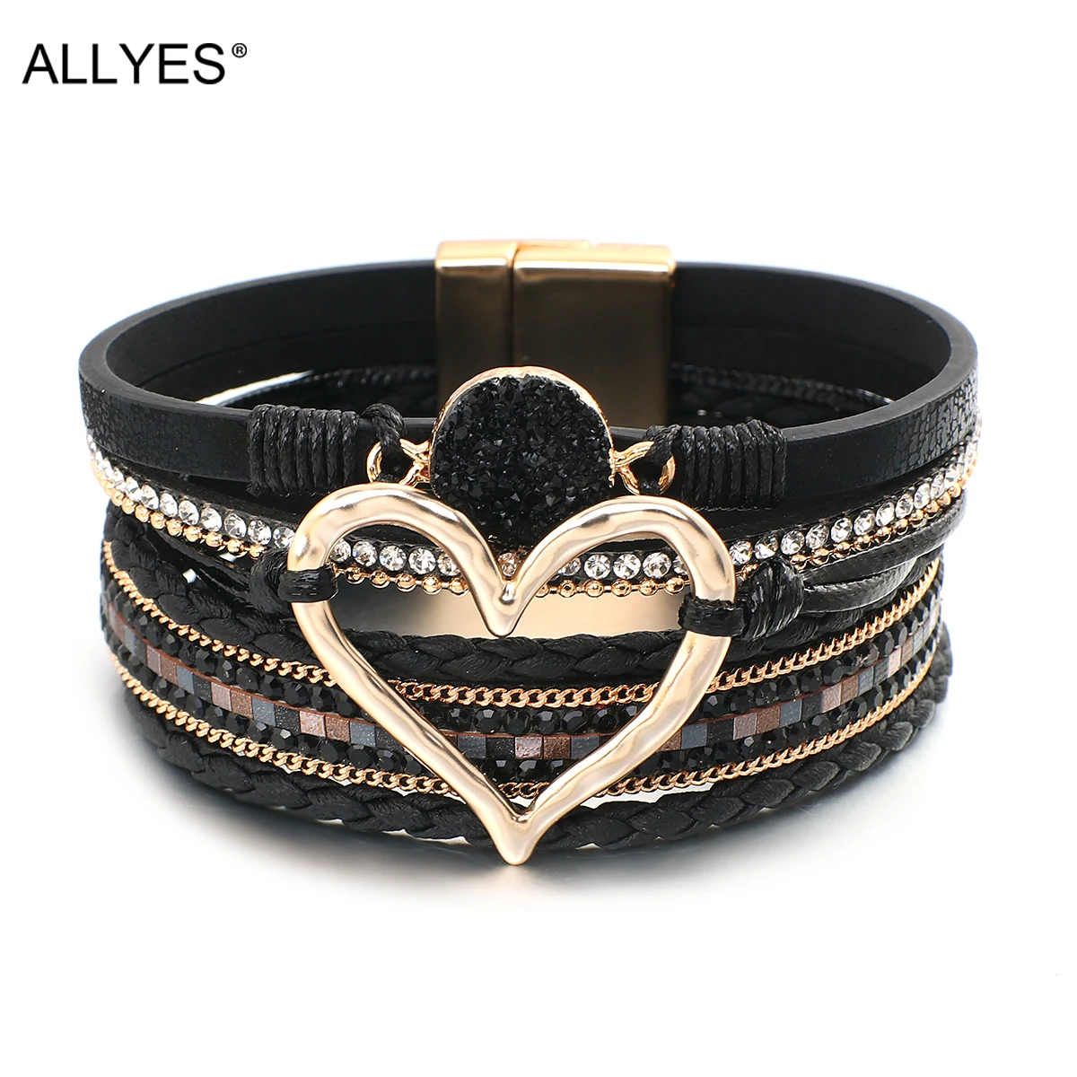 ALLYES Metal Love Heart Charm Leather Bracelets for Women Fashion Bohemian Rhinestone Resin Wrap Bracelet Bangle Couple Jewelry