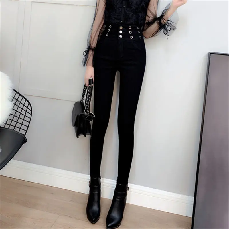 Black Skinny Pencil Pants Women Hollow High-Waisted Pants Leggings Autumn Thin Pantalones Mujer Cintura Alta Plus Size Pants