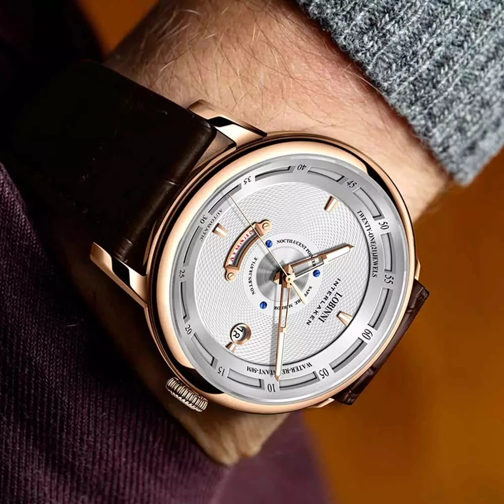 LOBINNI 브랜드 남자 기계식 시계 패션 사파이어 방수 자동 남자 시계 날짜 주 표시 손목 시계
