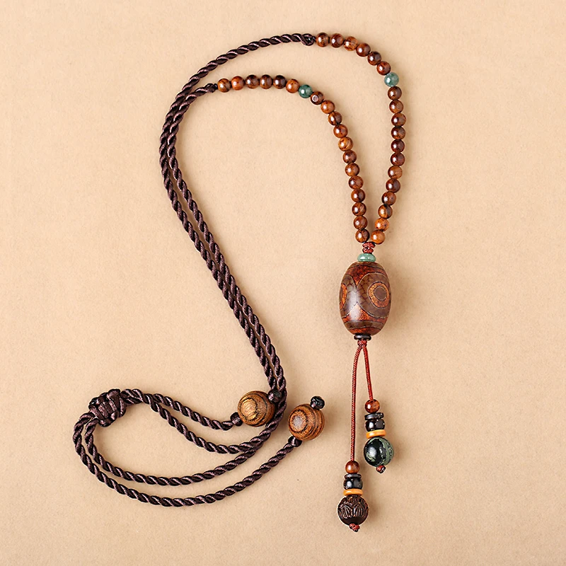 Elegant Vintage sweater chain Handmade Long Necklace Chinese Ethnic Adjustable wood bead Chains