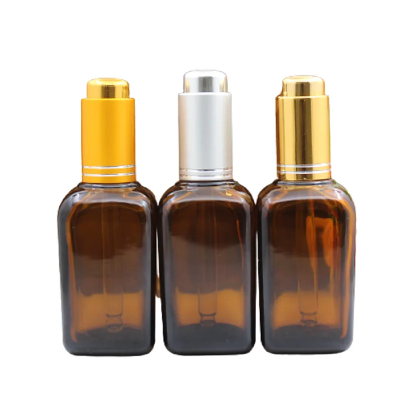 Square Dropper Bottle Amber Glass Serum Perfume Drop Pipette Bottles Brown 50ml Press Pump Essential Oil Dropper Bottle 15pcs