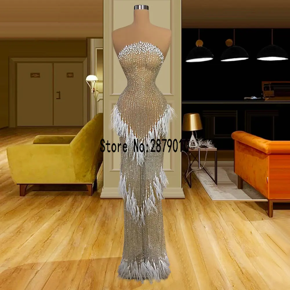 Luxury Full Beading Evening Dresses Sexy See Through Feathers Sheath Evening Gowns Custom Made Formal Dress