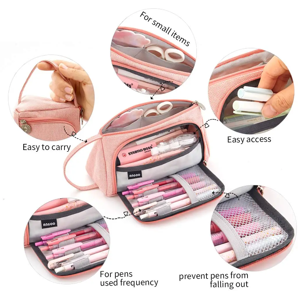 Imagem -05 - Pink Monochromatic Pencil Bolsa Organizador de Papelaria para Meninas da Escola Pen Pouch Holder Canvas Office Supplies Makeup Case Gift Box