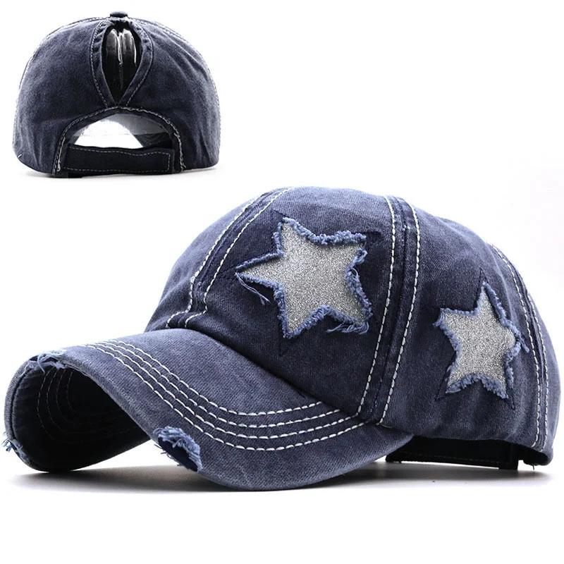 Gorra de béisbol con agujero de mezclilla lavada para hombre y mujer, gorro de pesca con estrella, Snapback, otoño y verano, 100%