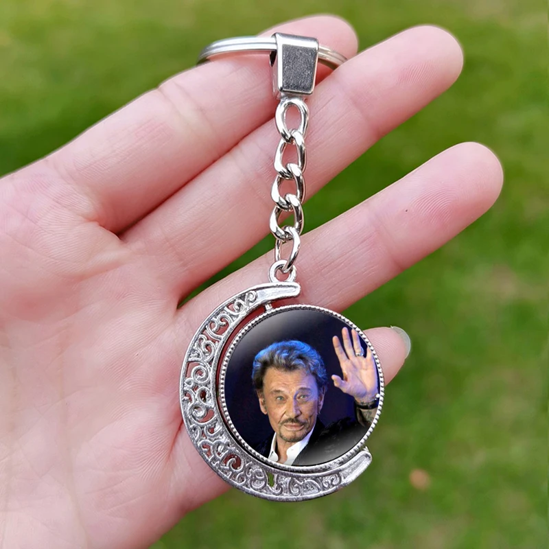 Rock Star Johnny Hallyday Key Chain Bag Pendant Double Sided Moon Pendant Rotated Key Ring Exquisite Keyring Gift