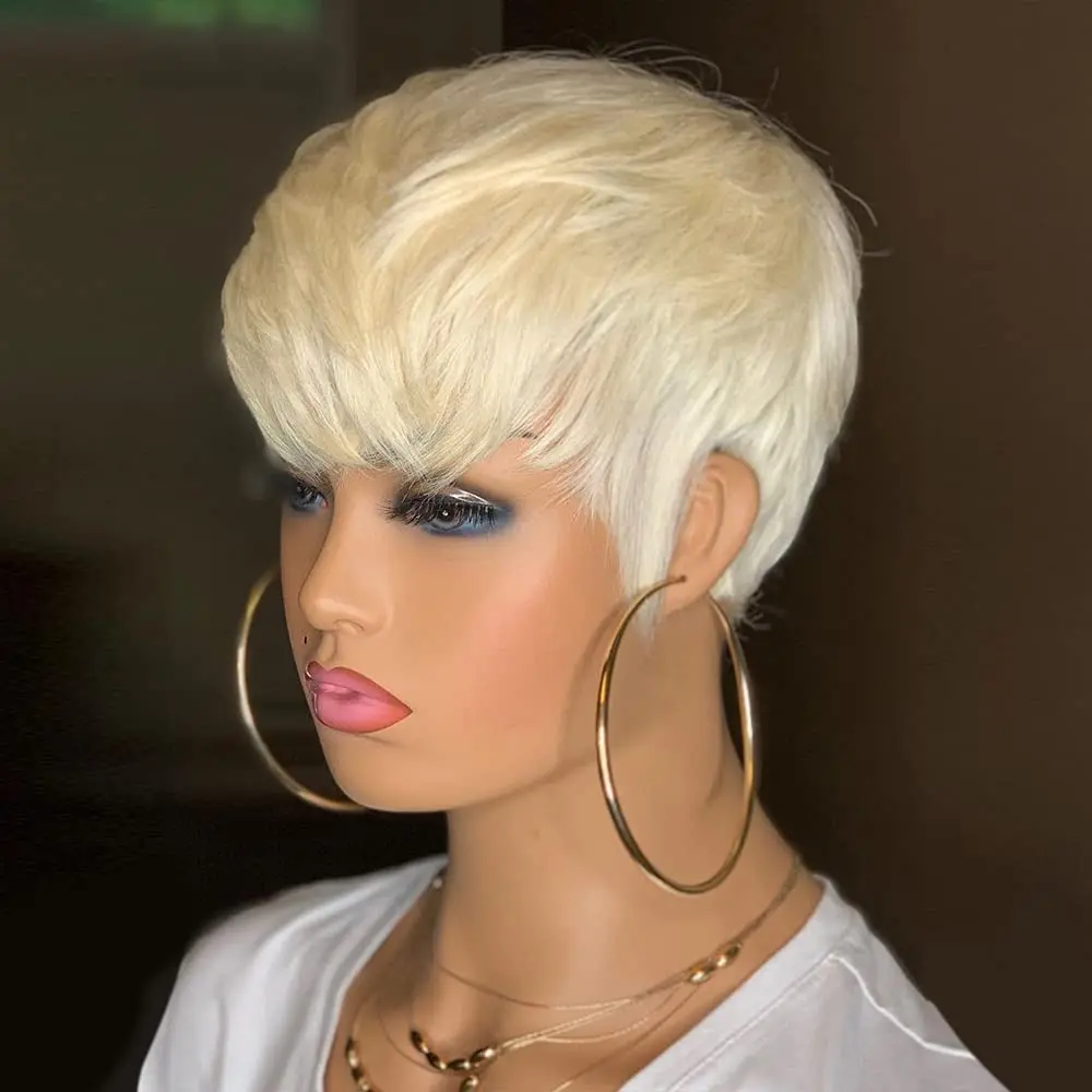 WIGERA Synthetic Honey Blond On Sale 613# Short Hair Pixie Cut Straight Bangs Style Wig Machine Made No Glue Suitable For Women