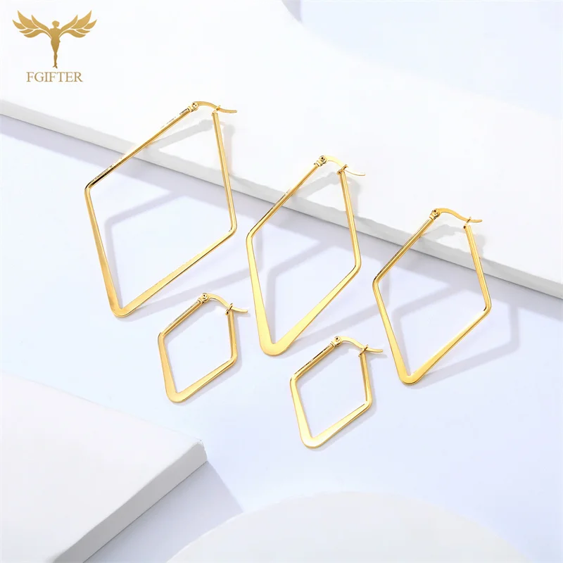 Fashion Geometric Hoop Earrings For Women 20mm-70mm Golden Tetragon Stainless Steel Jewelry Simple Lady Gife Accessory Free Ship