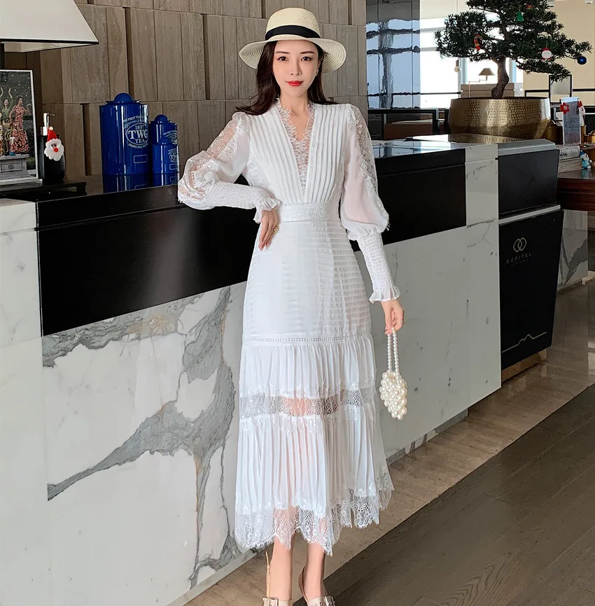 JSXDHK 2024 New Runway Designer Women Black Long Dress Elegant Spring Chiffon Patchwork Lace V Neck Lantern Sleeve Pleated Dress