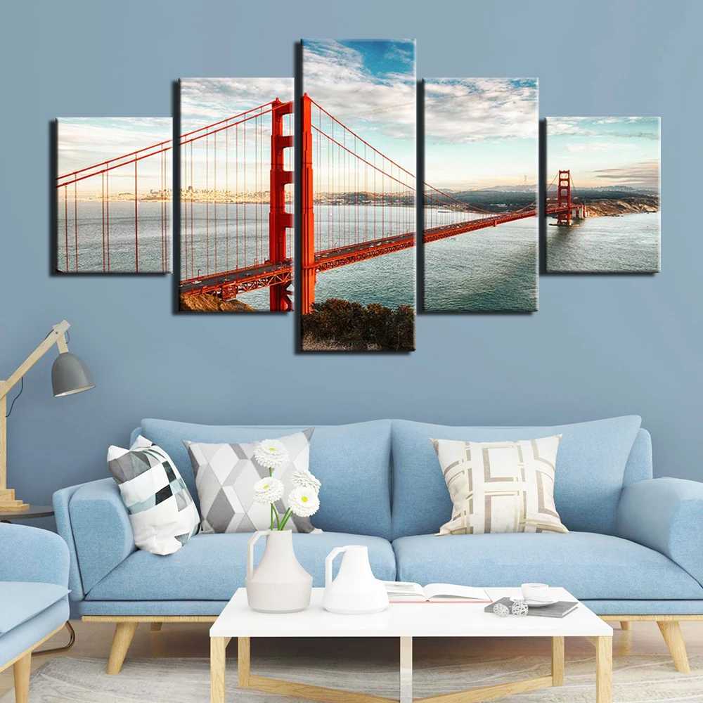 

No Framed Canvas 5 Pieces City Bridge Seascape HD Printed Wall Art Posters Pictures for Living Room Office Home Decor Paintings