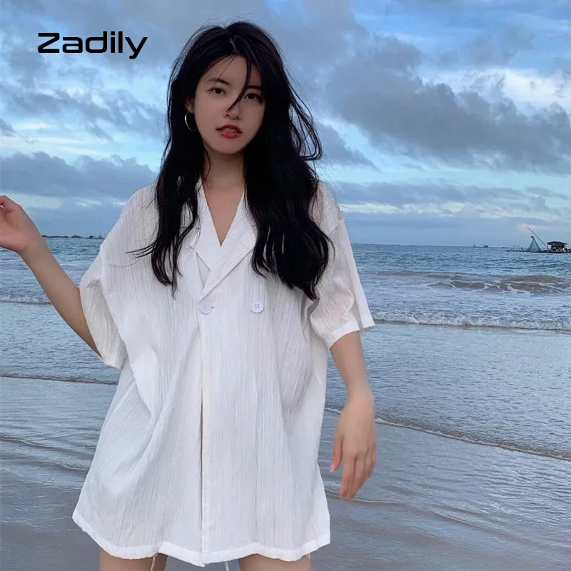 2022 Summer Short Sleeve Button Chiffon Women Shirt Korean style Stripe Loose Ladies Blouse Beach Vacation Female Clothes Tops