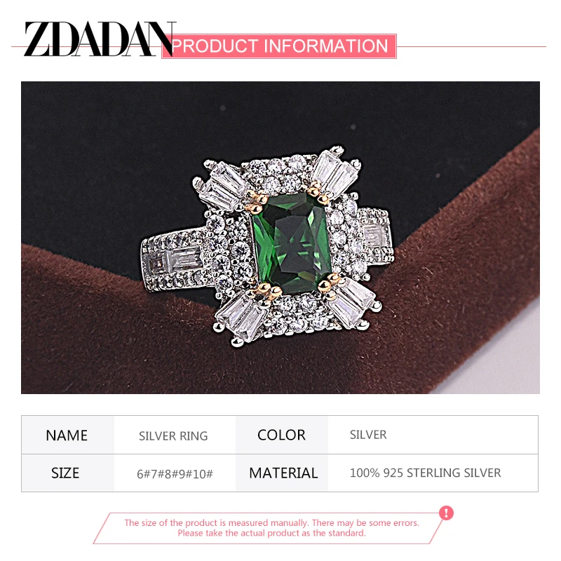 ZDADAN 925 Sterling Silver Emerald Zircon Ring For Women Charm Wedding Jewelry Party Gift