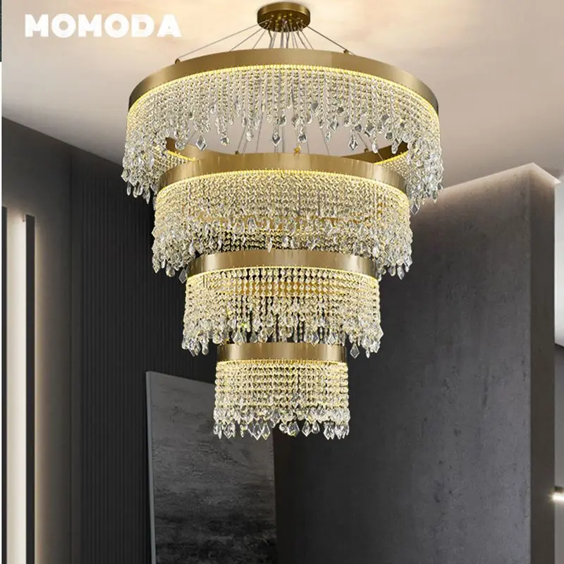 Luxury LED Chandeliers Lighting Postmodern Gold Stainless Steel Crystal Tassel Pendant Lights Bedroom Living Room Lamps Lustre