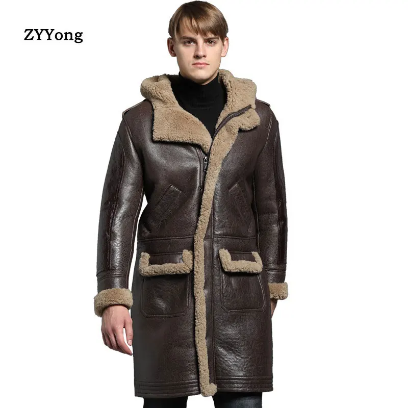 2020 Winter Warm Men  Long section Sheepskin Leather Coats Long Sleeve Solid Zipper Brown Long Causal Thick  Jackets M-XXXXL