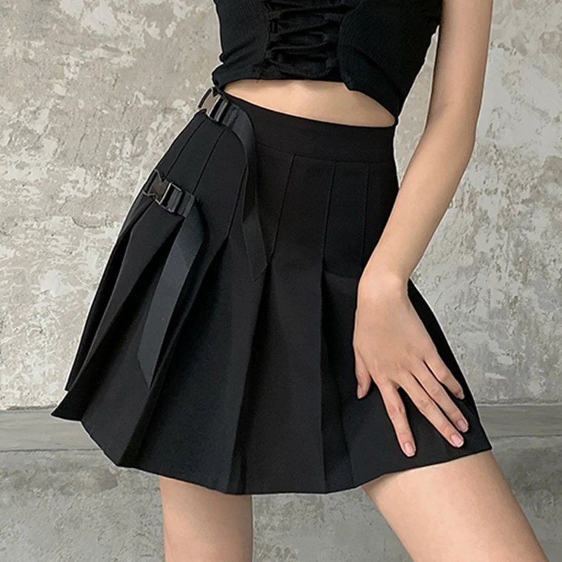 

Women Summer Korean High Waist Harajuku Pleated Skirt Solid Color Mini Sweet Kawaii Summer Casual A-Line Skirts Gothic Female