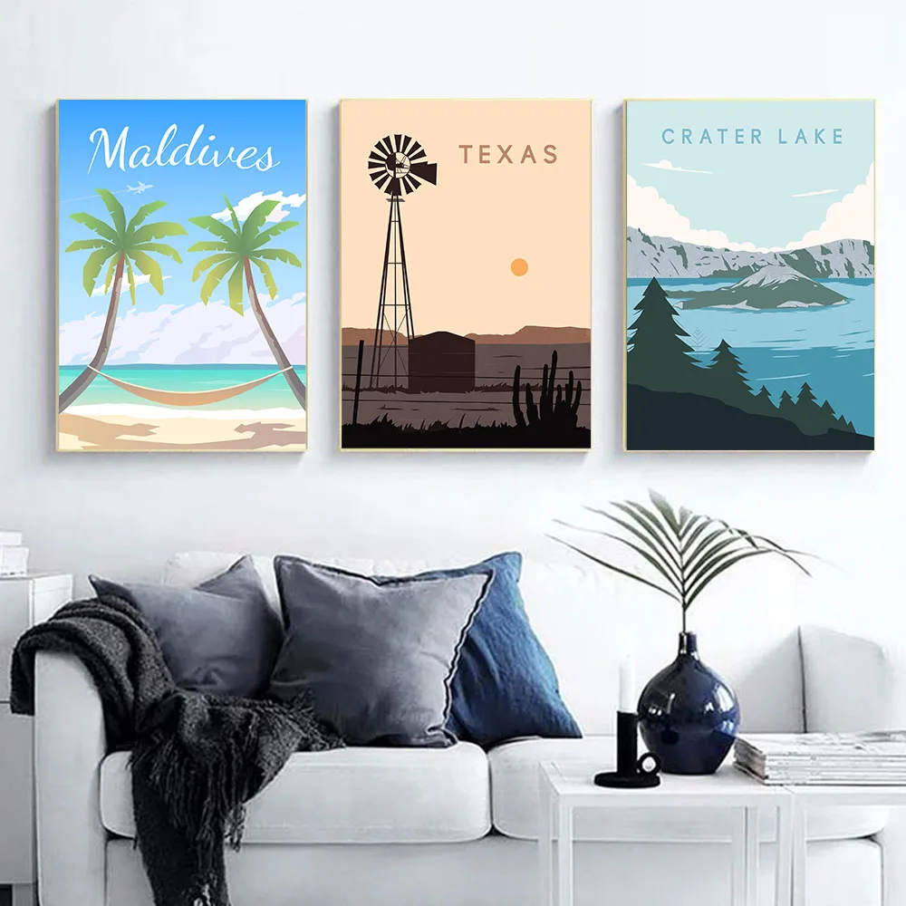 Hd Print Canvas Art Painting Japan Morocco Texas Norway Maldiues Ireland Vintage Travel Cities Landscape Poster Wall Art Picture