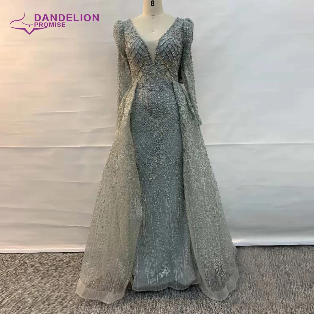 Vestido de noche de lujo de Dubái para mujer, vestido de sirena con cuello en V, mangas largas, cuentas, hecho a mano, vestidos de fiesta formales 2020