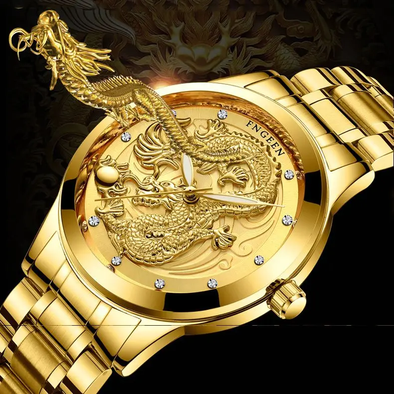 FNGEEN S666 Paar Uhr Drachen Und Phoenix Männer Und Frauen Luxus Gold Farbe Quarz Ultra-Dünne Armbanduhren Stahl Gürtel uhren