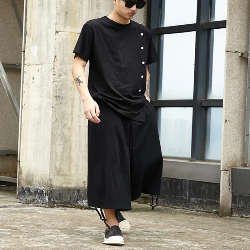 

Original design pants cotton and linen summer loose thin wide-leg pants dark men's casual hakama