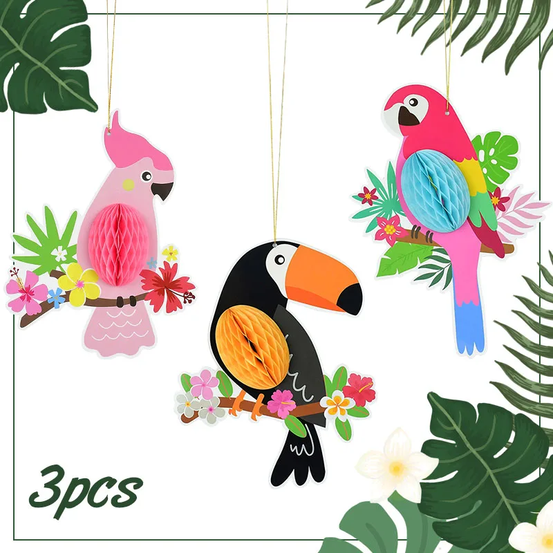 3pcs Toucan Parrot Hanging Paper Honeycomb Pendant for Summer Birthday Luau Supplies Tropical Jungle Hawaiian Party Decoration