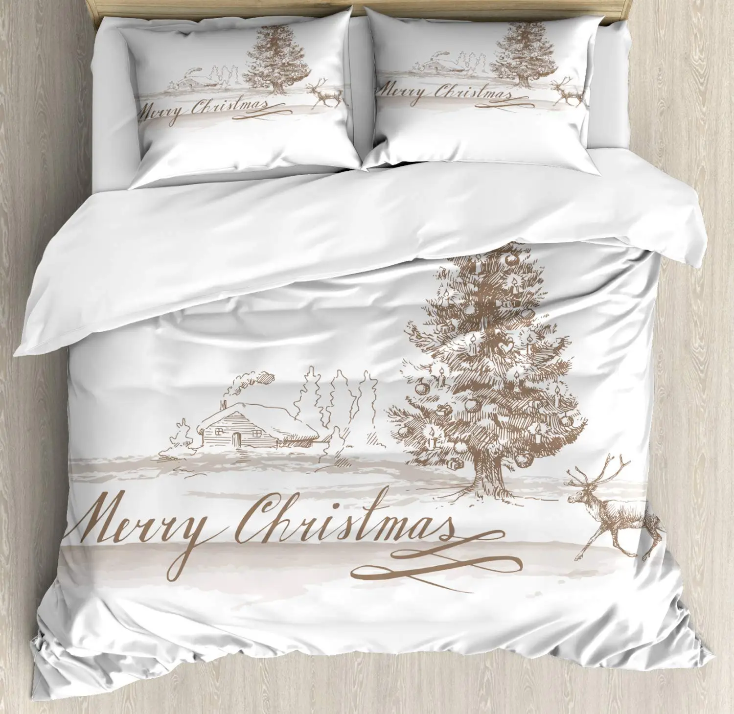 Christmas Duvet Cover Set Romantic Vintage New Year Scenery with Reindeer Tree and Star Design Image Decorative 3 Piece Bedding