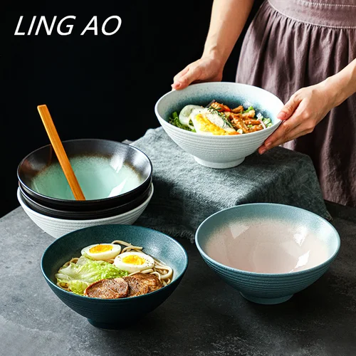 LingAo 일본 도자기 그릇, 국수, 과일, 샐러드, 대나무 모자 