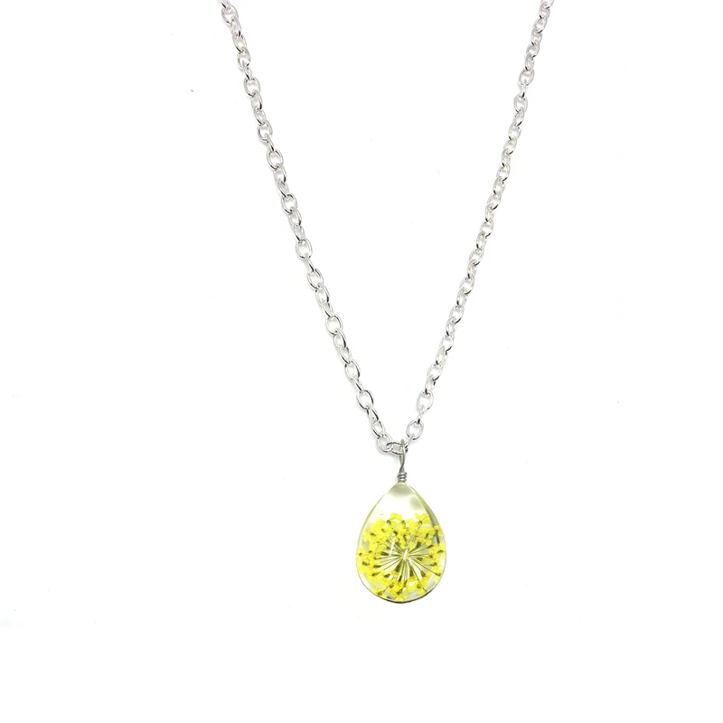 Natural Dandelion Ellipse Clover Crystal NecklaceHandmade Dried Flowers Pendant Permanent Preservation Chains Jewelry Gor Women