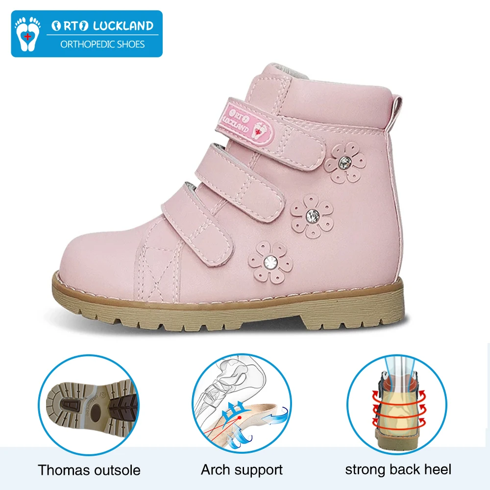 Winter Children Pink Shoes Orthopedic Boots For Kids Casual Luxury Ankle Booties With Rhinestone Flower Leather School Footwear