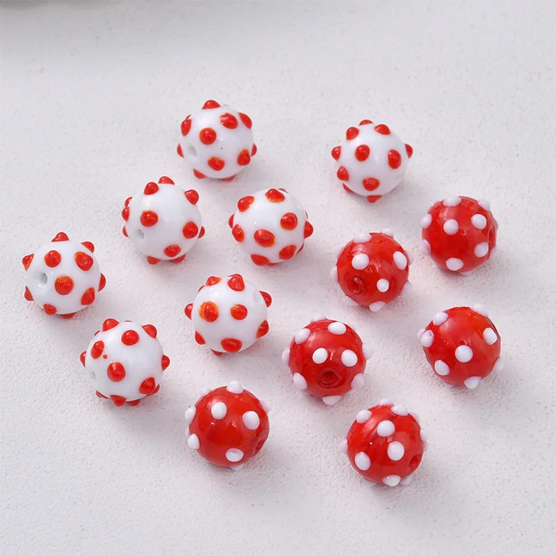 10pcs 12mm Handmade Wave Point Lampwork Beads Round Loose White Red Spacer Bead For Jewelry Making DIY Bracelet Necklace Earring