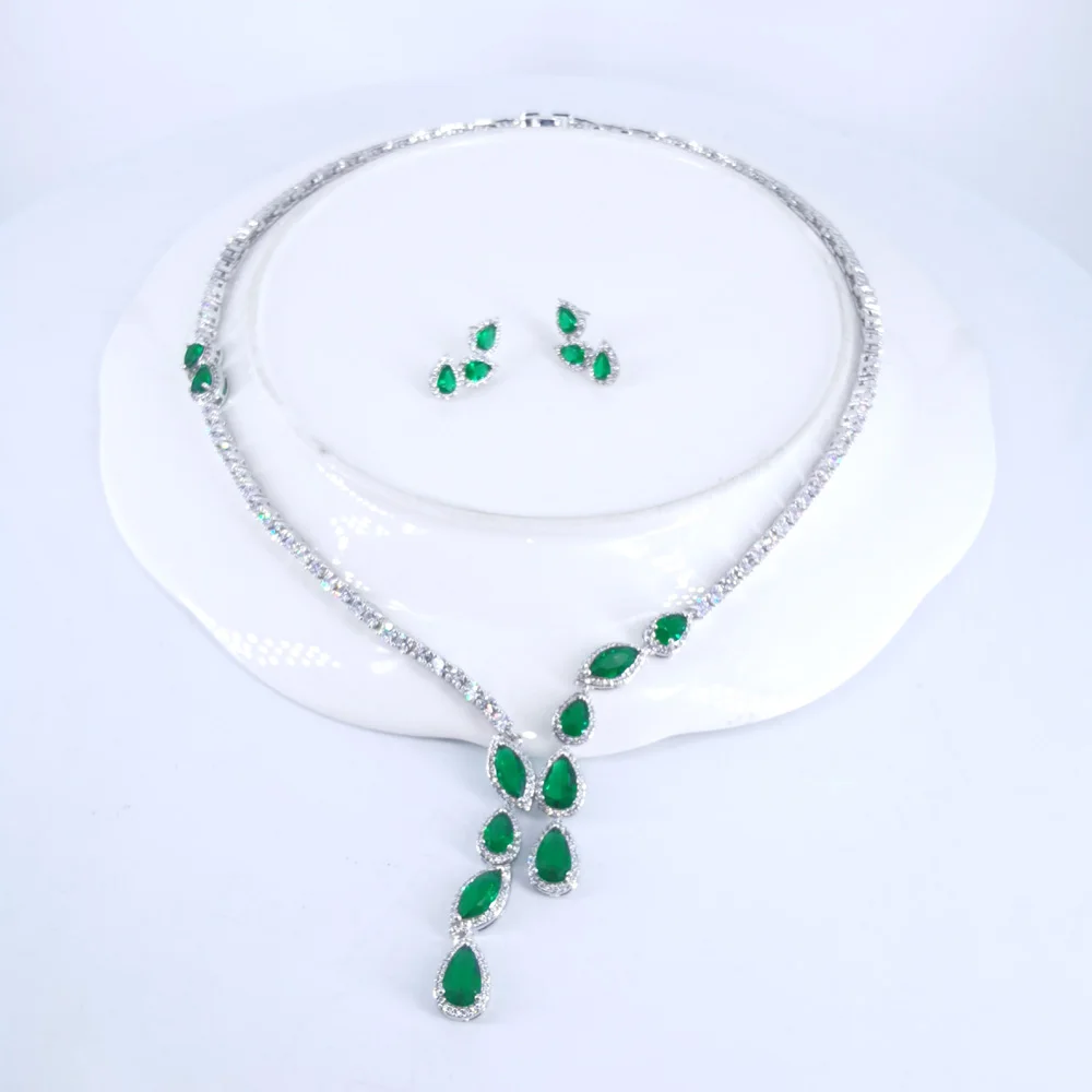 

2024 New fashion luxury retro green CZ zircon necklace earring set,wedding bridel party banquet dress jewelry