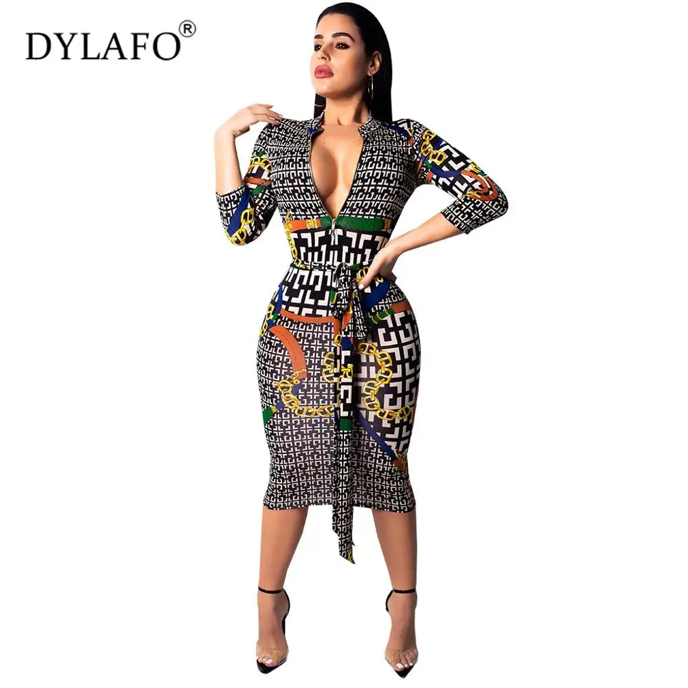 

2019 Spring Print Women Casual Dress Zipper Stand Neck Half Sleeve Sexy Bodycon Bandage Dress Midi Night Club Party Dresses