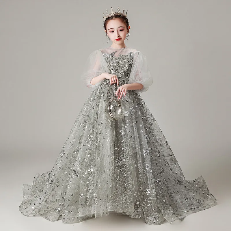 Fancy Flower Girl Prom Dress Kids Wedding Tulle Sequin Ball Gown Children Birthday Party Long Dresses Teenager Evening Vestidos