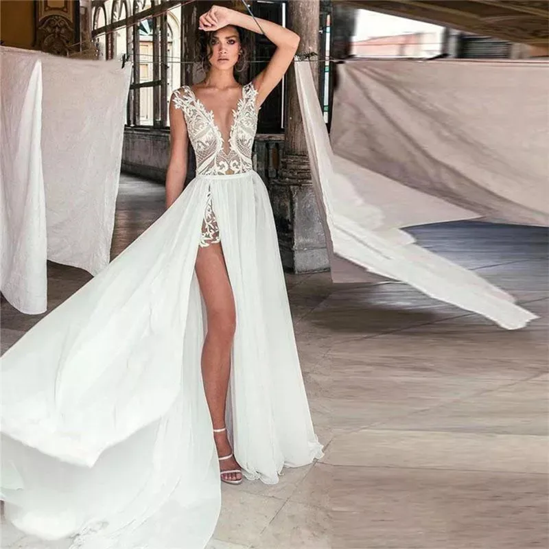 Vestidos De Novia sexis personalizados con cuello en V profundo gasa con abertura lateral Apliques De encaje Vestido De Novia sin espalda hasta el