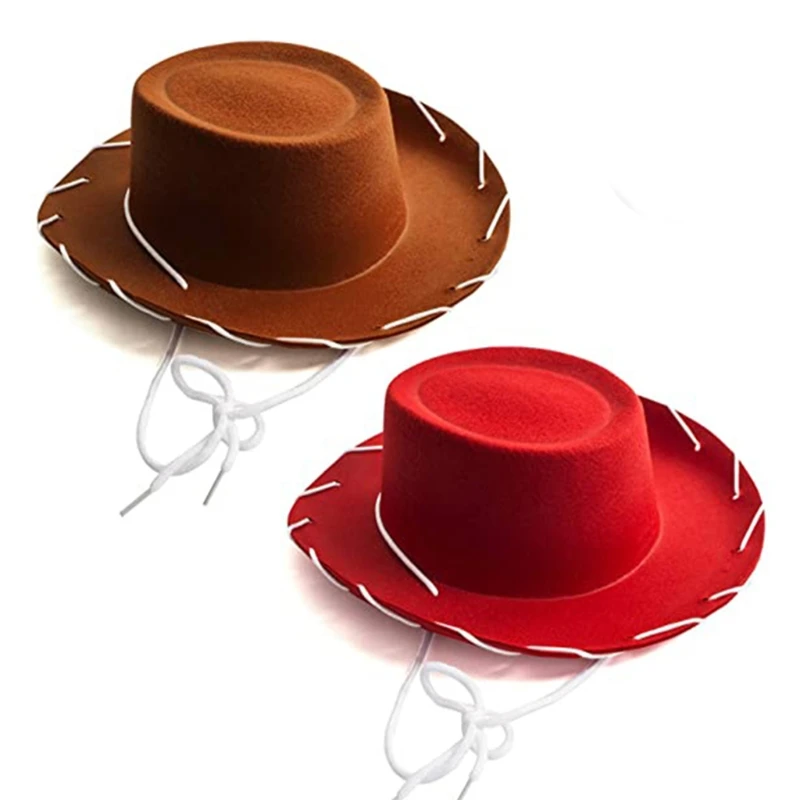 Childrens Brown Red Felt Cowboy Hat Western Big Eaves Novelty Christmas Felt Cowgirl Hat Costume for Kids Boys Girls