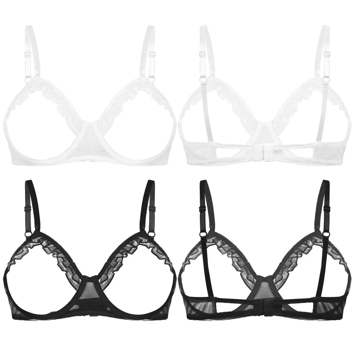 Womens Lingerie Spaghetti Straps Erotic Underwired Open Bras See Through Sheer Mesh Bralette Sexy Open Cup Ruffled Shelf Bra Top