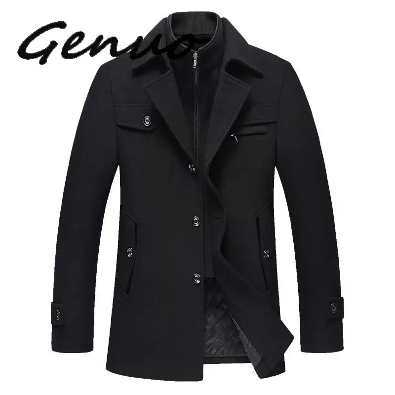 Genuo New Men Winter Wool Coat Men's New High Quality Solid Color Simple Blends Woolen Pea Coat Male Trench Coat Casual Overcoat