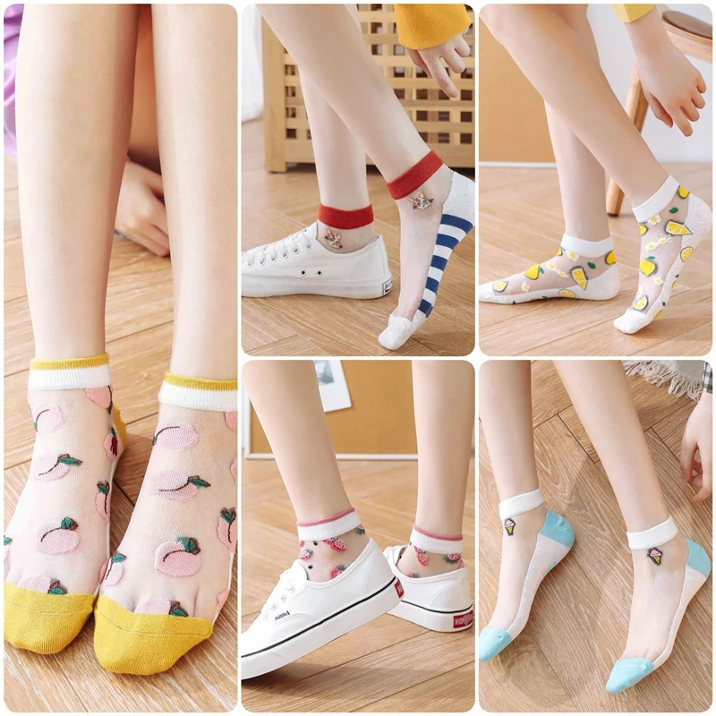 5 Pairs/Set Women Girls Summer Fruit Cartoon Short Stockings Cotton Bottom Crystal Silk Transparent Elastic Fashion Lace Socks