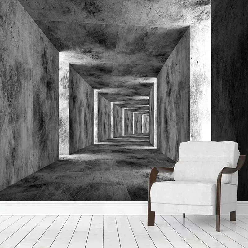 Photo Wallpaper 3D Stereo Grey Cement Wall Space Corridor Murals Living Room Restaurant Cafe Wall Painting Papel De Parede 3D