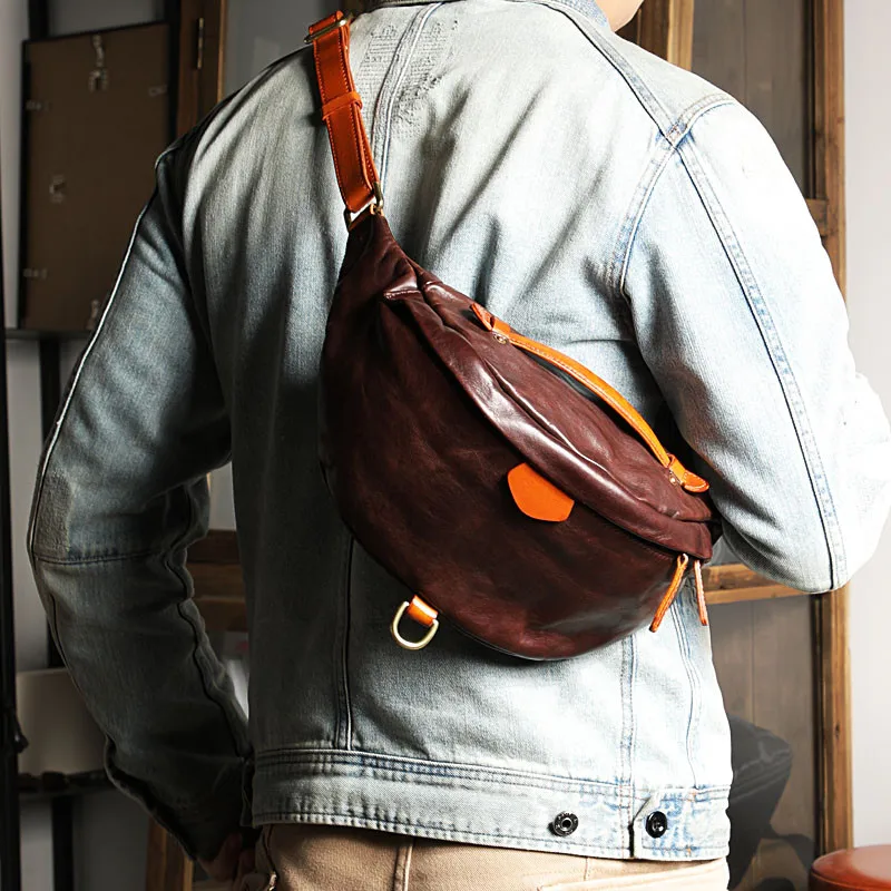 PNDME fashion vintage genuine leather men\'s chest bag luxury natural real cowhide multifunctional waist pack sports diagonal bag