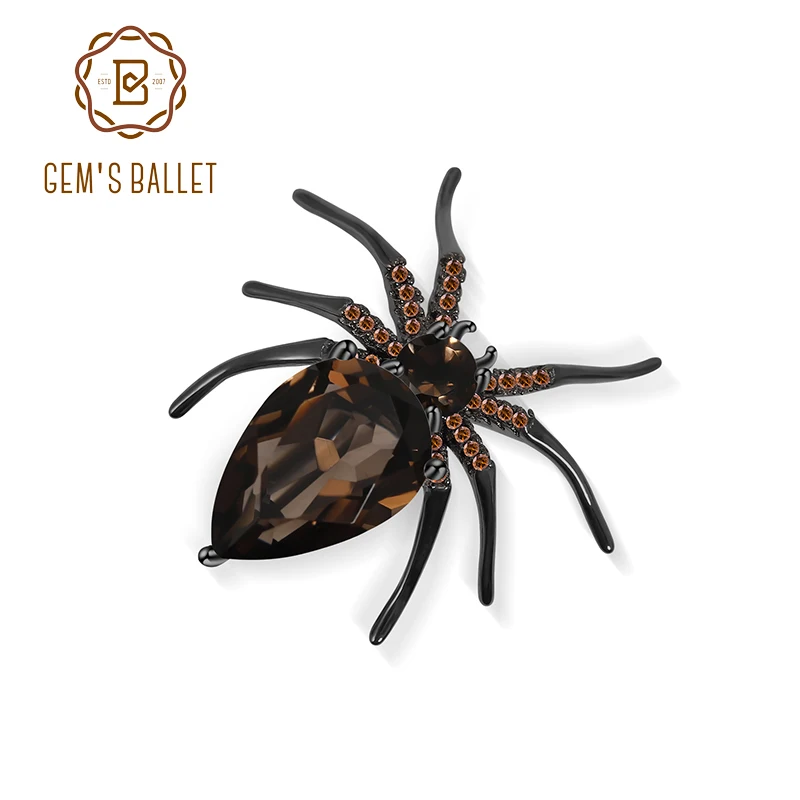 GEM'S BALLET Natural Smoky Quartz Spider Brooches for Women Gun-black 925 Sterling Silver Animal Brooch Pin Fine Jewelry Gift