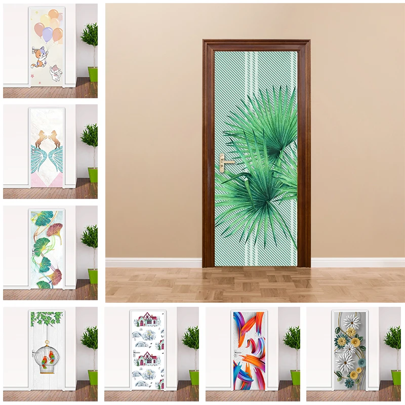 Waterproof PVC DIY Self-adhesive Cartoon Door Sticker 3D Stereoscopic Wallpaper for Bathroom Living Room Doors Home Decor Photo