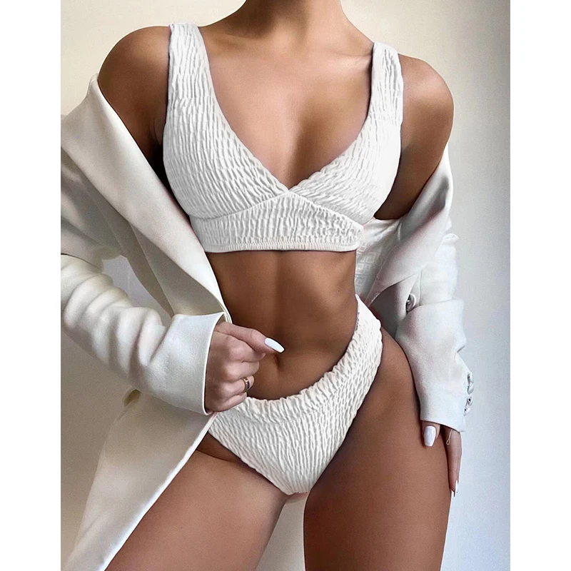 JyoJyo Sexy pleated swimsuit women Ribbed bikinis 2021 mujer High cut swimwear female V neck bathing suit 2 piece swim suit new