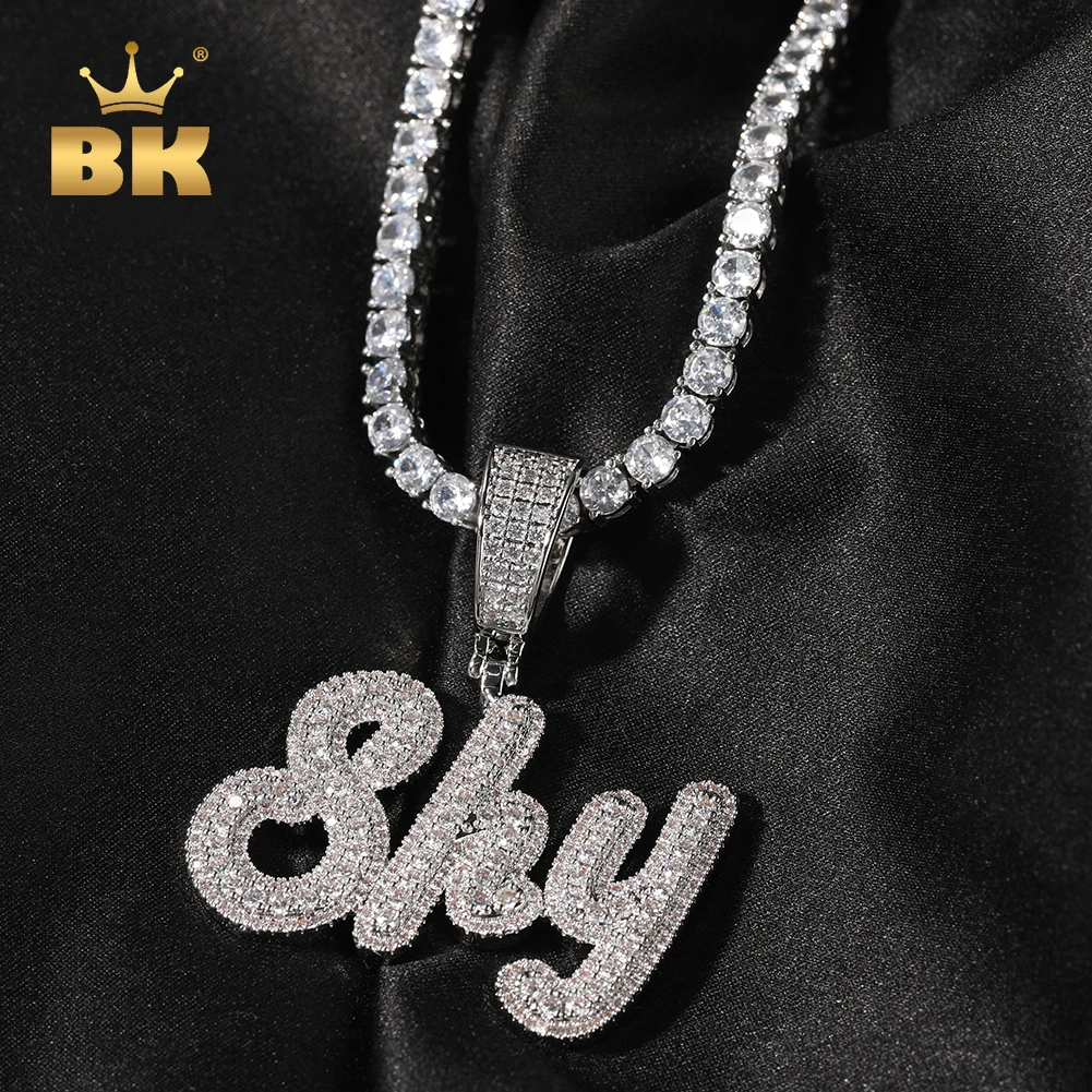 THE BLING KING Custom Small Size Brush Script Letter Two Tone Pendant Micro Paved Baguettecz Chain Necklace Hiphop Jewelry