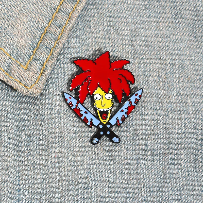 Funny Clown Enamel Pin Double Knives Badge Brooch for Bag Lapel pin Red Hair Guy Jewelry Gift for Friends Men Boys