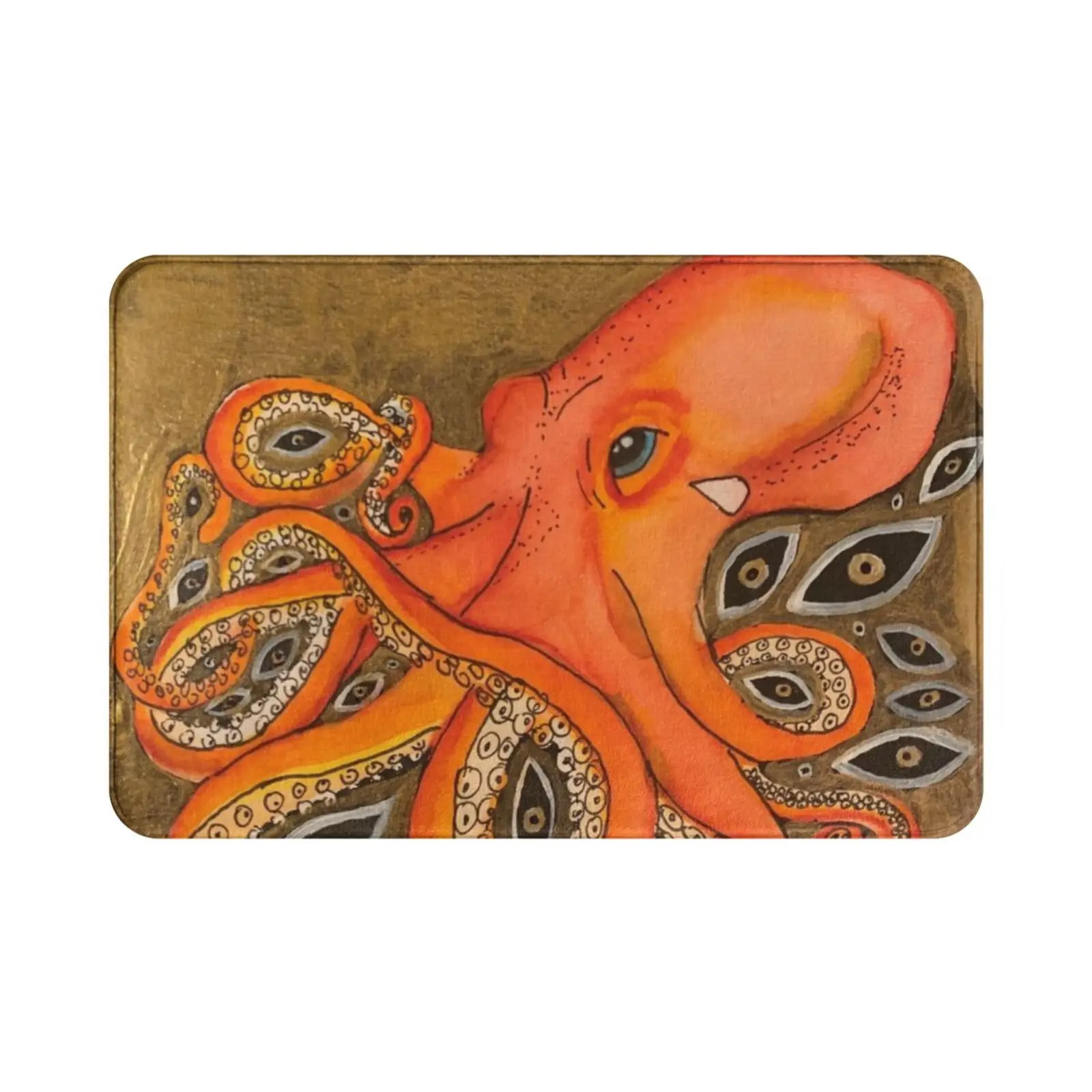 Visitor From Space Carpet Mat Rug Cushion Soft Non-Slip Octopi Octopus Orange Eyes Eye Gold Aquatic Watercolor Acrylic Ink