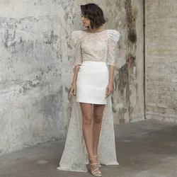Maßgeschneidertes kurzes, glänzendes Mini-Hochzeitskleid mit Schleppe, halbe Ärmel, schlichtes, rückenfreies Brautkleid mit O-Ausschnitt und bodenlangem Vestidos