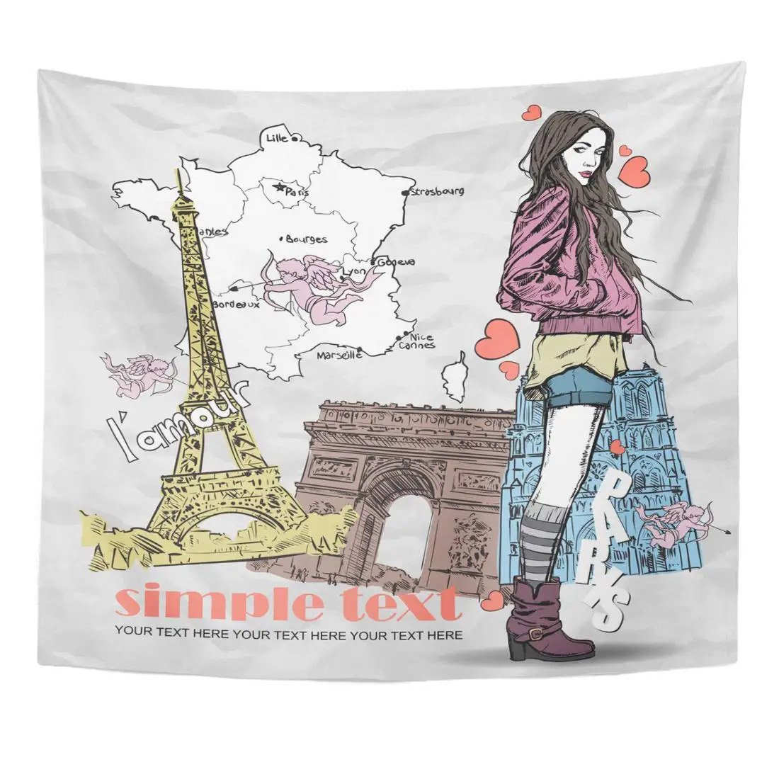 Couple Paris Lovely Young Girl in Sketch Style on French Travel France Shopping Tapestry Home Decor Wall Hanging for Living Room