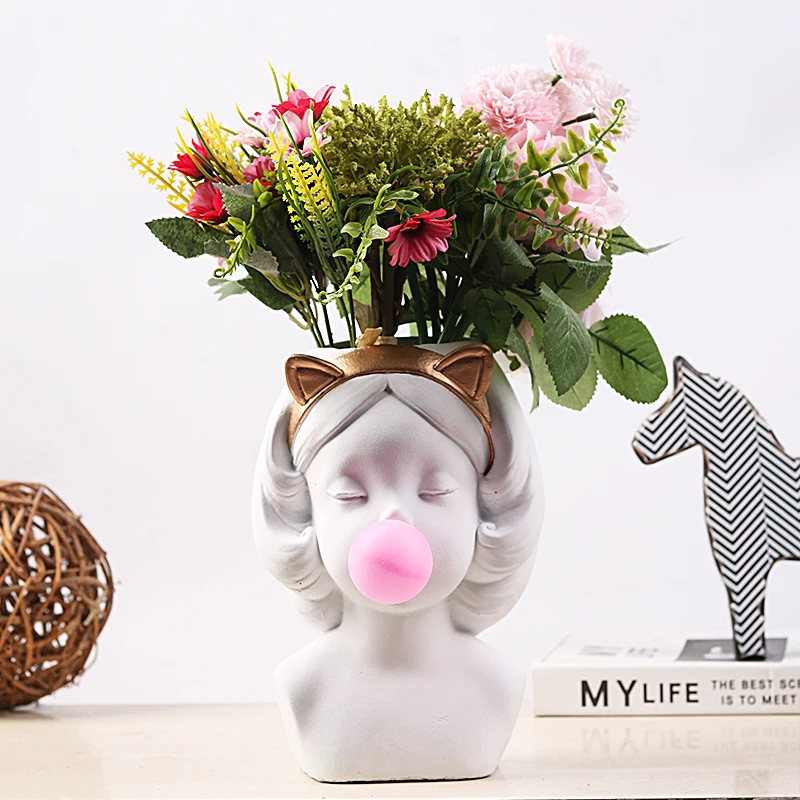 Creative Cartoon Cement Bubble Gum Girl Vase Ornamnets Decorartion Home Desktop Flower Pots Succulent Hotel Table Statue Crafts