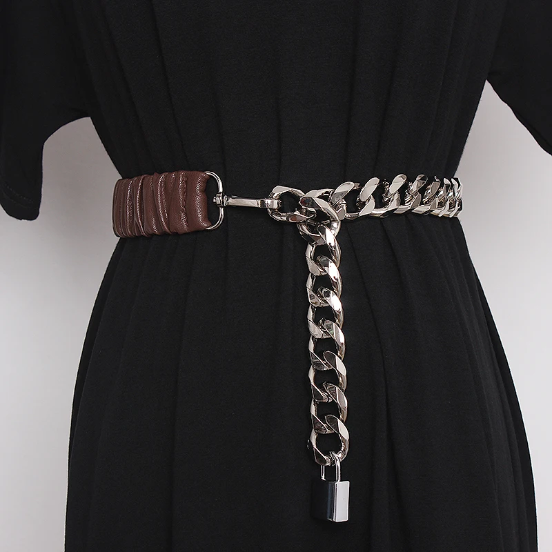 Women's runway fashion PU leather chain Cummerbunds female Dress Corsets Waistband Belts decoration wide belt R857