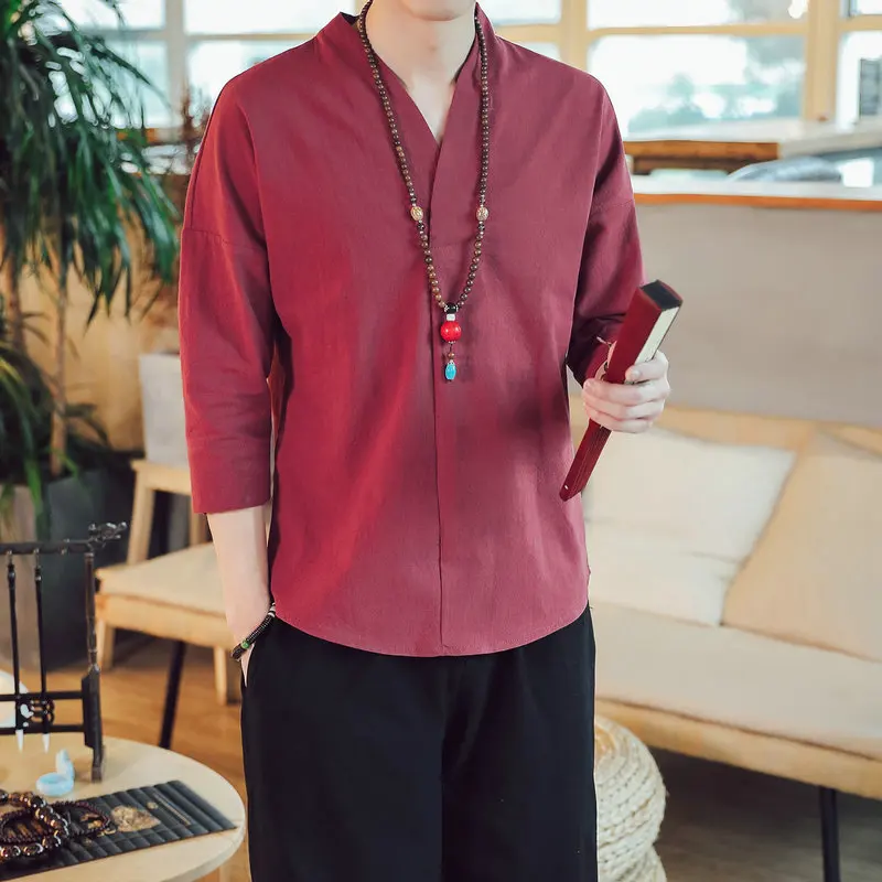Cotton Mans Shirts Oversize V-Neck Solid Vintage Man Shirts 5 Colors Summer Harajuku Clothing Fashions Streetwear 5XL