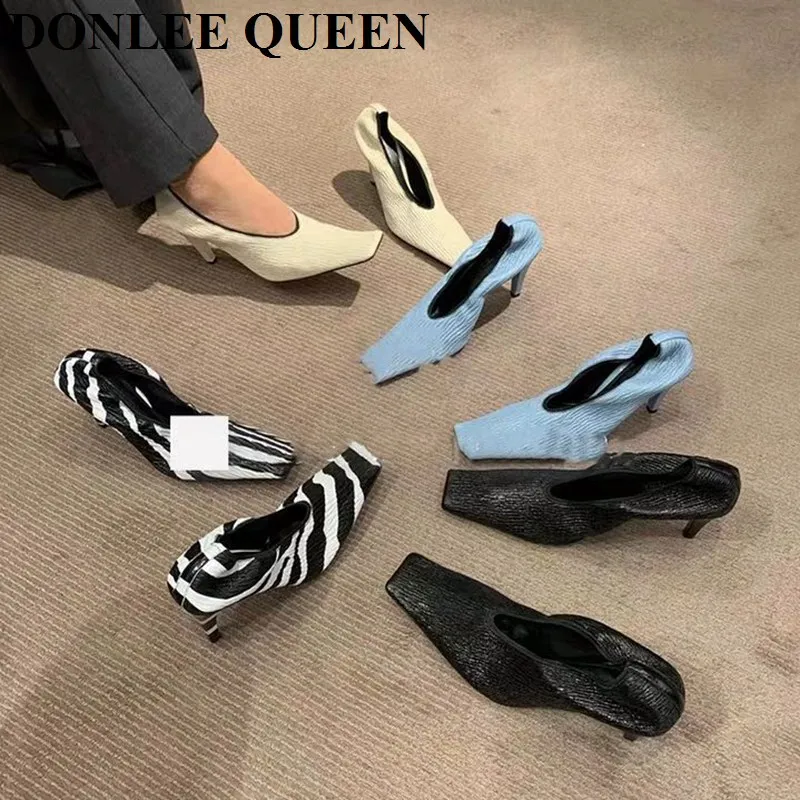 Fashion Square Toe Thin High Heel Shoes Women Shallow Elastic Pumps Autumn Shoe For Party Dress Zebra Chaussure Zapatillas Mujer